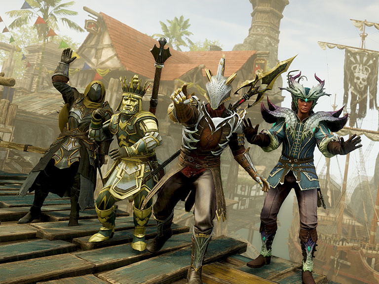 Four players, each in a visually distinct outfit, stand posing along a bright boardwalk.