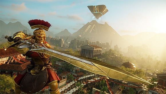 Um personagem vestindo vermelho e dourado aponta a Espada Grande para o espectador. 