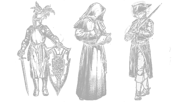A textured line drawing of three characters, each in a different weight of armor. 
