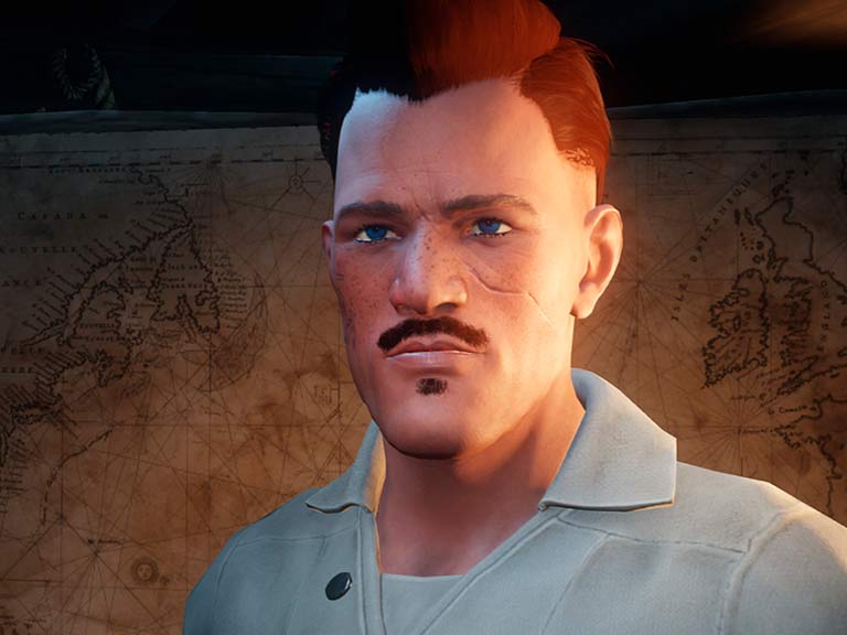 Una captura de pantalla de la interfaz de personalización de personajes, donde se ve a una persona de tez clara, pelo cardado y un pequeño bigote con barba.