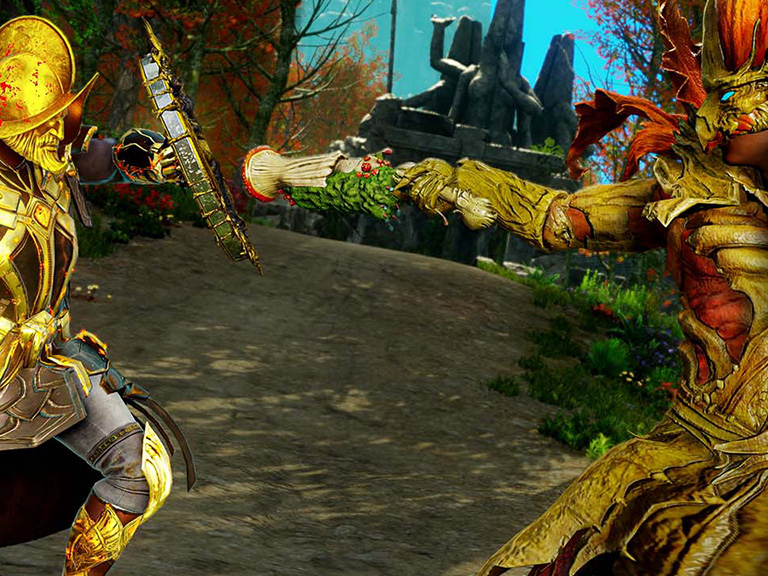 Two characters stand ready to fight, one is in gold armor with a glowing gold orb helmet the other is in ready and green with a flower bud as head. 