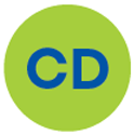 Blå sirkel med bokstavene CD. Forkortelse for Crohns sykdom