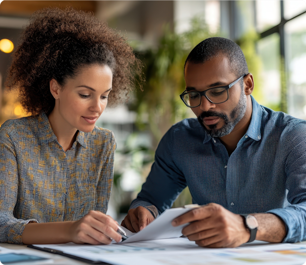 man and woman discussing over paper works