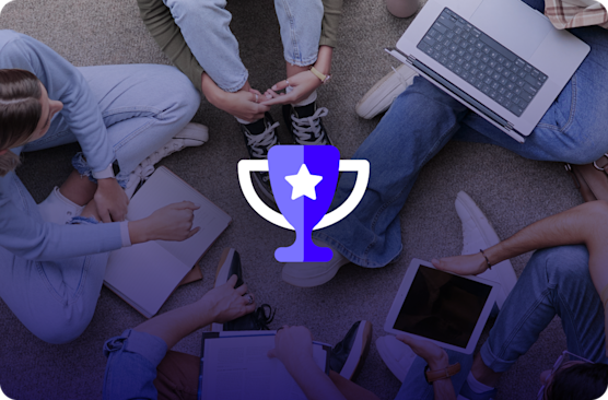 group of people gather round to discuss with a trophy icon overlayed