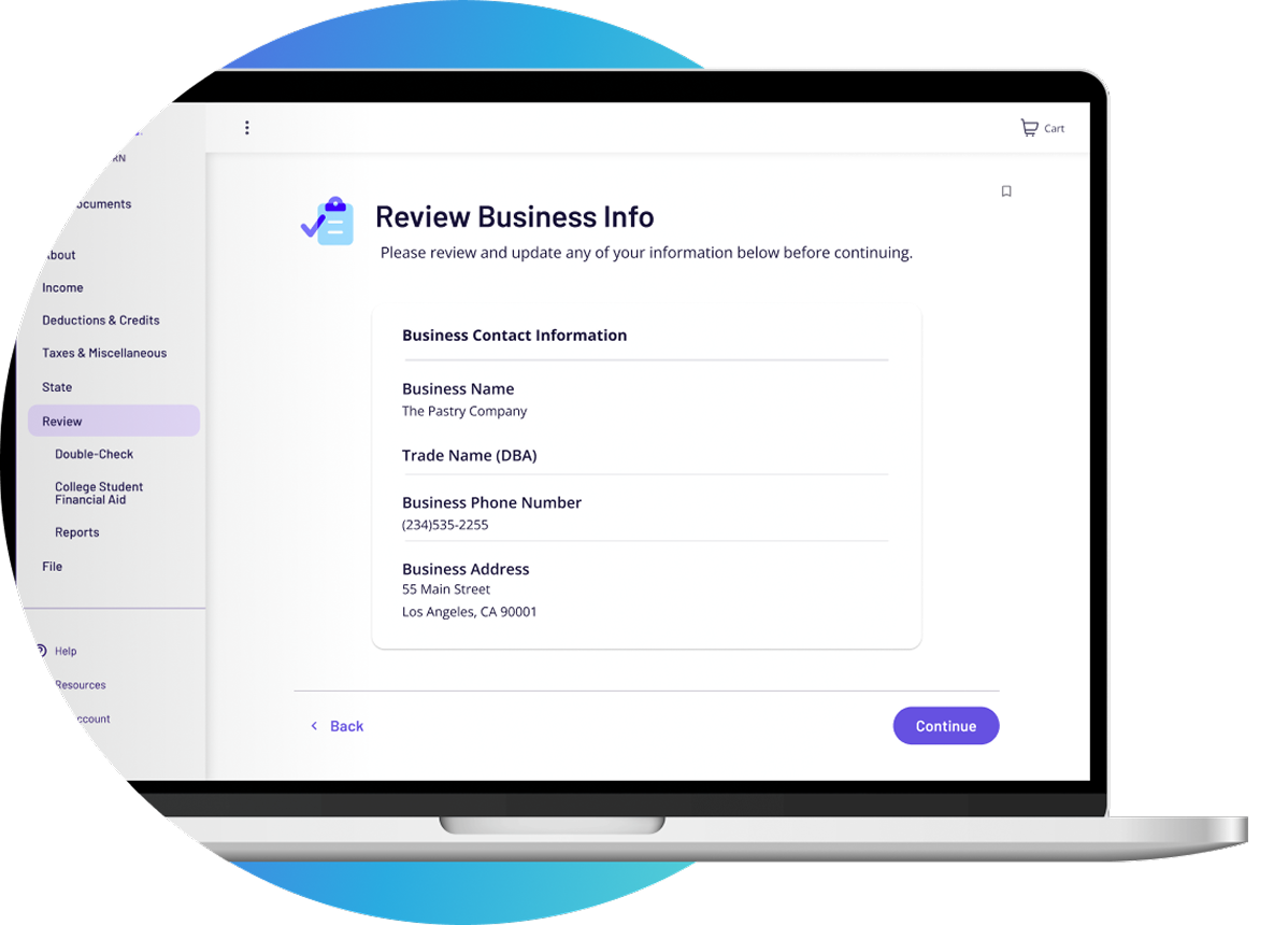 Laptop with TaxAct products display clipped in ellipse for business product page