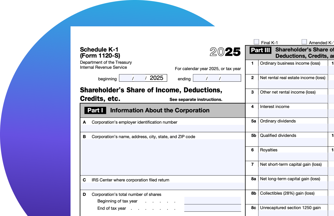 Schedule K1 for IRS 1120s tax form