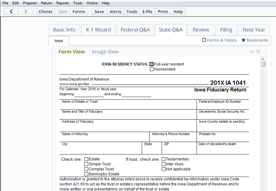 A screen view of Form 1041. IOWA Fiduciary Return