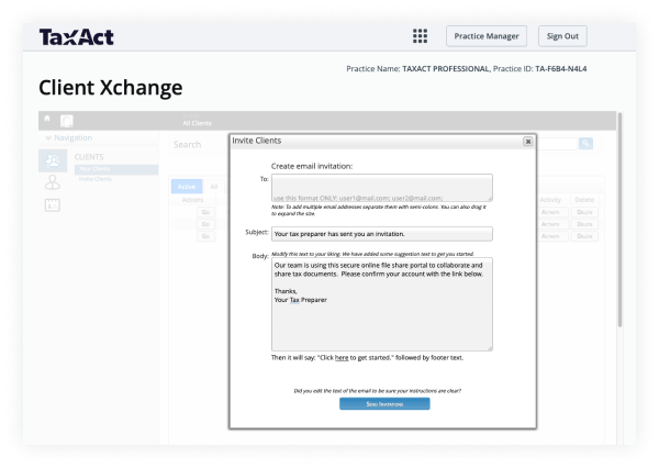 Screen capture of a TaxAct professional Client Xchange dashboard with a popup to invite clients