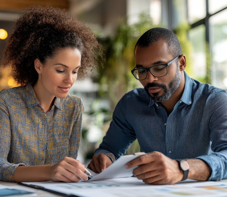 man and woman discussing over paper works