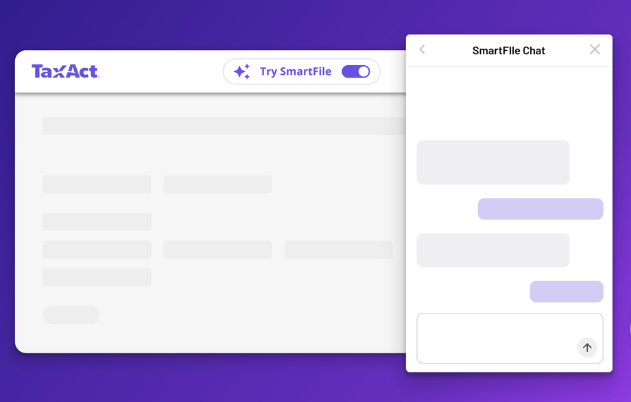 Screenshot of the SmartFile AI toggle and chat panel in TaxAct Online