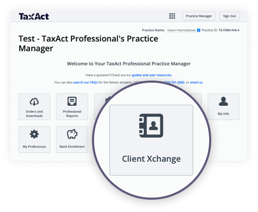 Screen capture of the practice managers screen highlighting Client Xchange