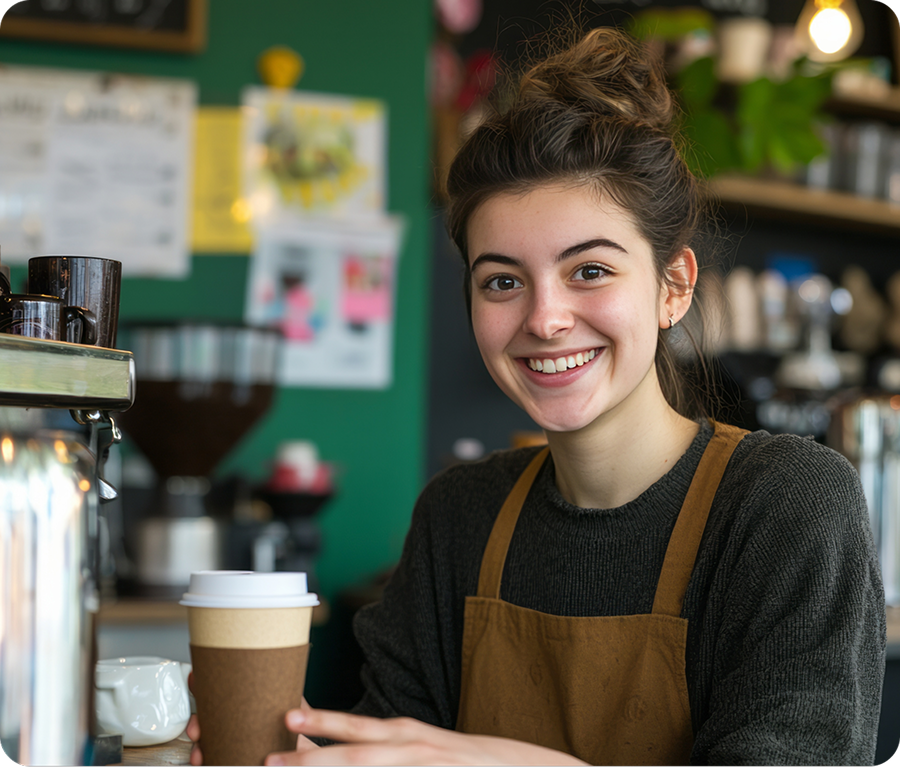 girl holding coffee cup and smiling