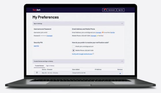 A laptop screen displaying my preferences section on TaxAct website