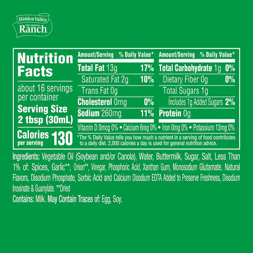 Nutrition Facts panel for Original Ranch. 130 calories per serving