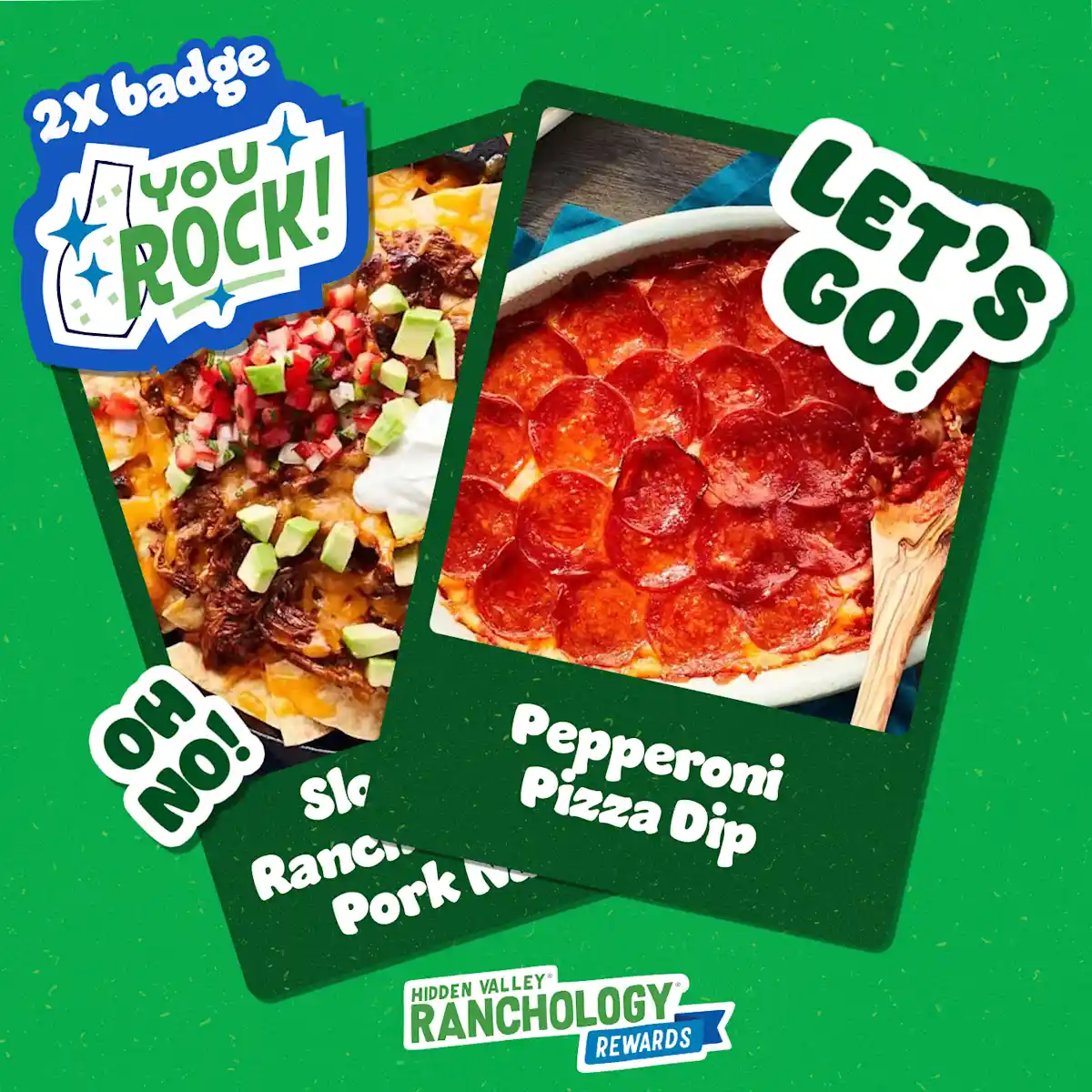 Hidden Valley game with cards featuring recipes and badges with the words "Let's Go!," "Oh no!," and "2X badge Looking' Snack" 