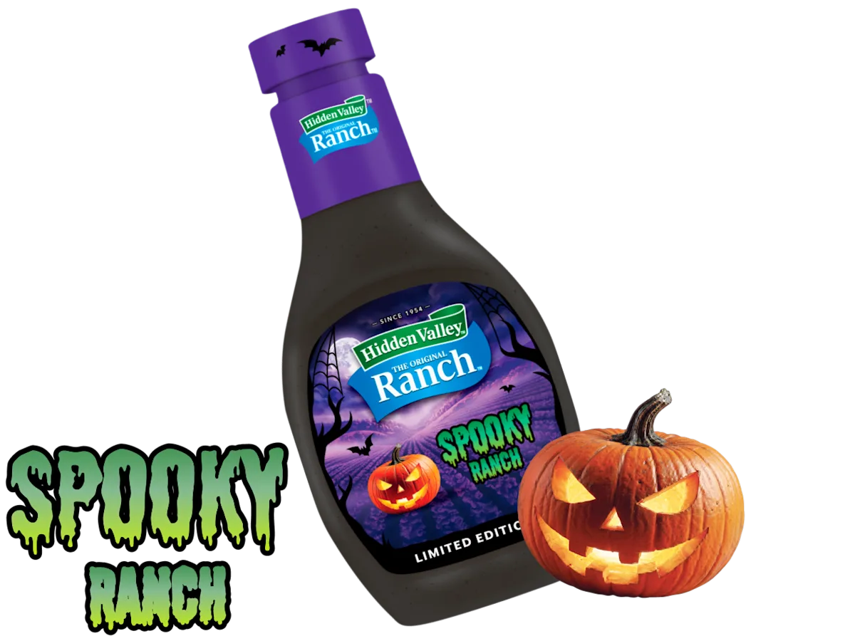 Limited Edition Hidden Valley Spooky Ranch bottle with carved pumpkin