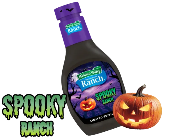 Limited Edition Hidden Valley Spooky Ranch bottle with carved pumpkin