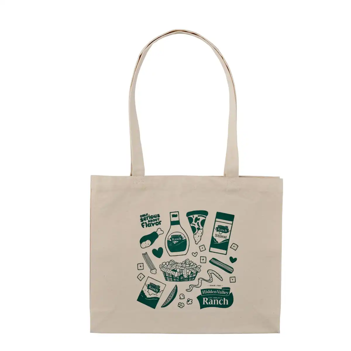 Beige canvase tote bag with green illustrations of Ranch bottles, pizza, logo, shaker