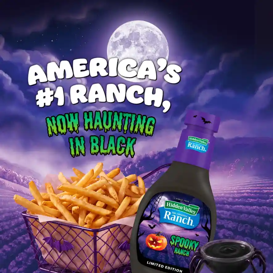 Hidden Valley Spooky Ranch dressing with fries under a full moon backdrop