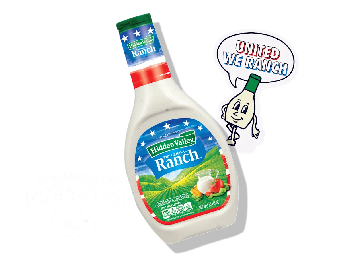 Bottle of Hidden Valley Ranch with a sticker