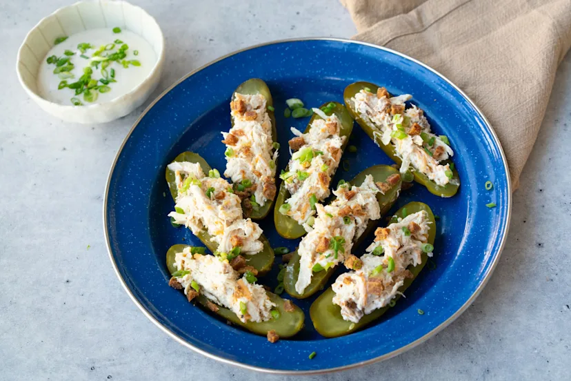 Bacon Ranch Chicken Salad in a Pickle Boat