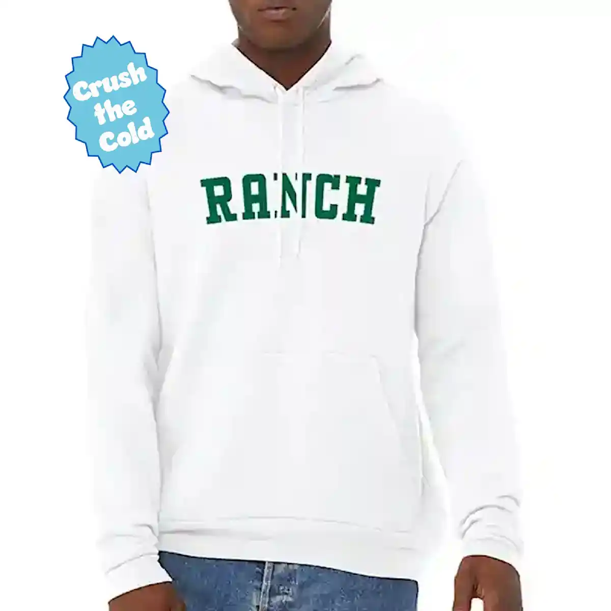 Person wearing a white hoodie with the word "Ranch" written in green