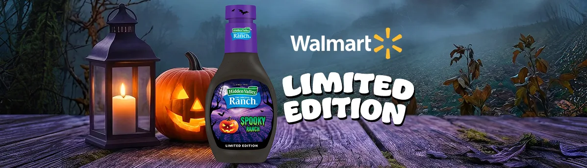 Hidden Valley Spooky Ranch bottle with jack-o'-lantern and lantern