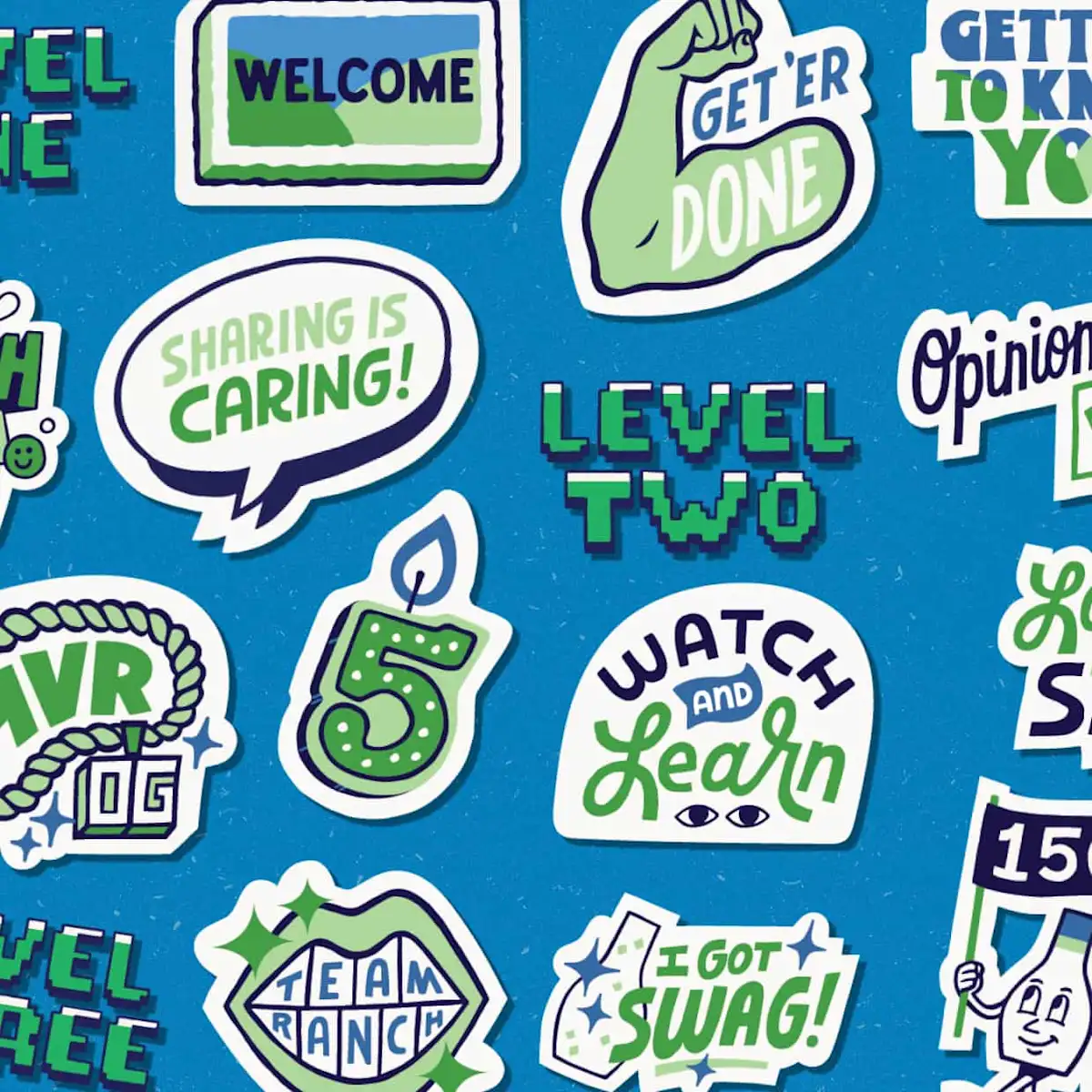 ranchology badges on a blue background