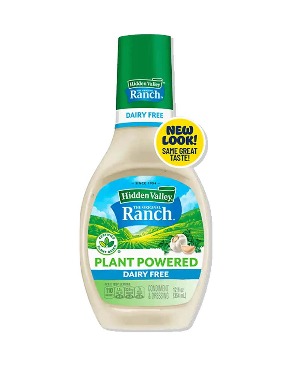 A bottle of Hidden Valley Ranch Plant Powered dressing with a yellow New Look burst on top