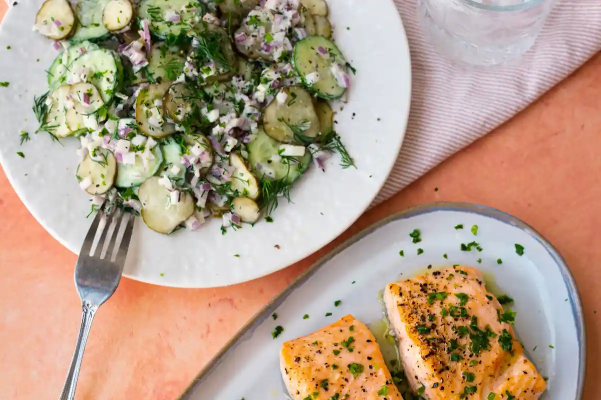 Salmon with Creamy Dill Pickle and Ranch Cucumber Salad image
