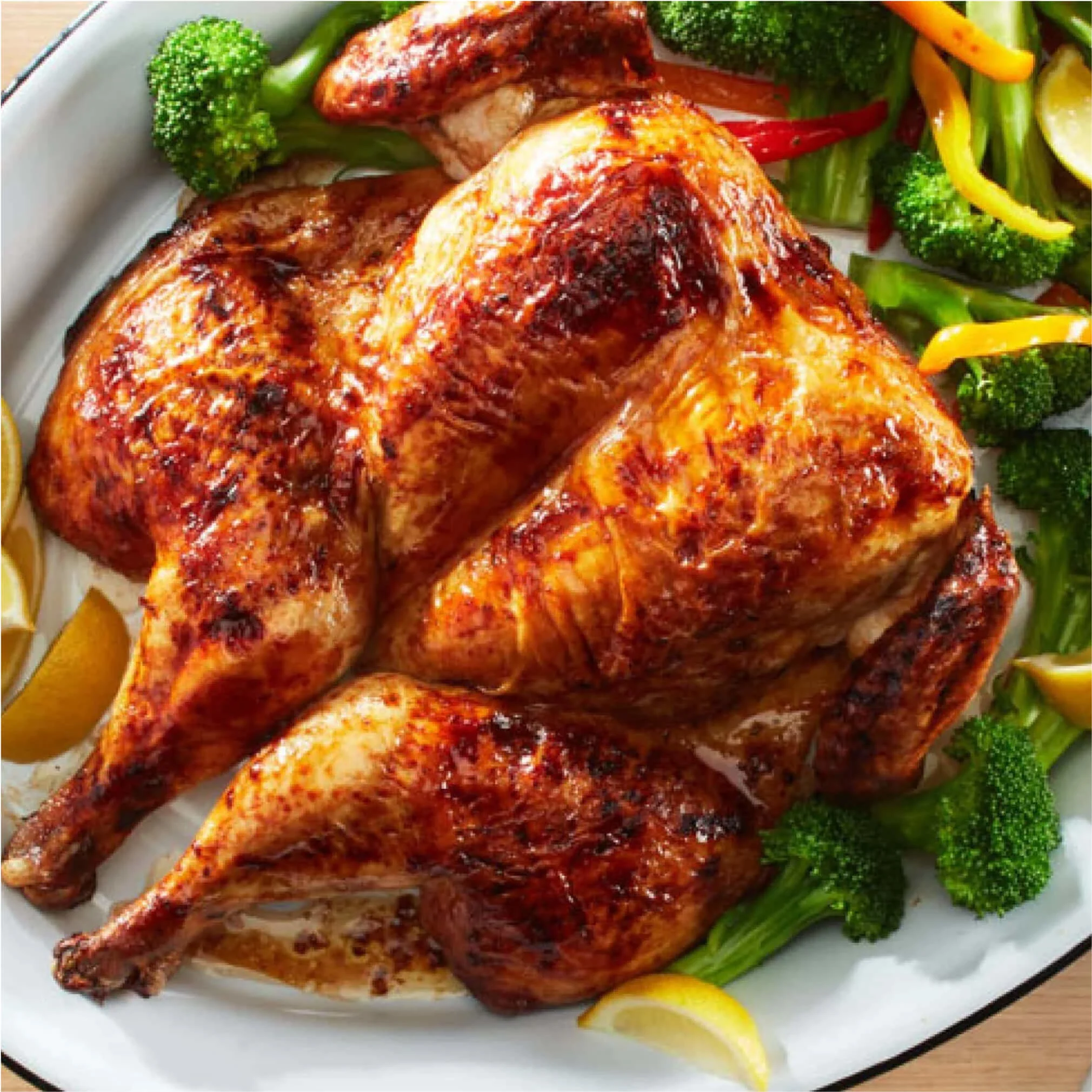 Overhead view of a spatchcocked barbecue chicken