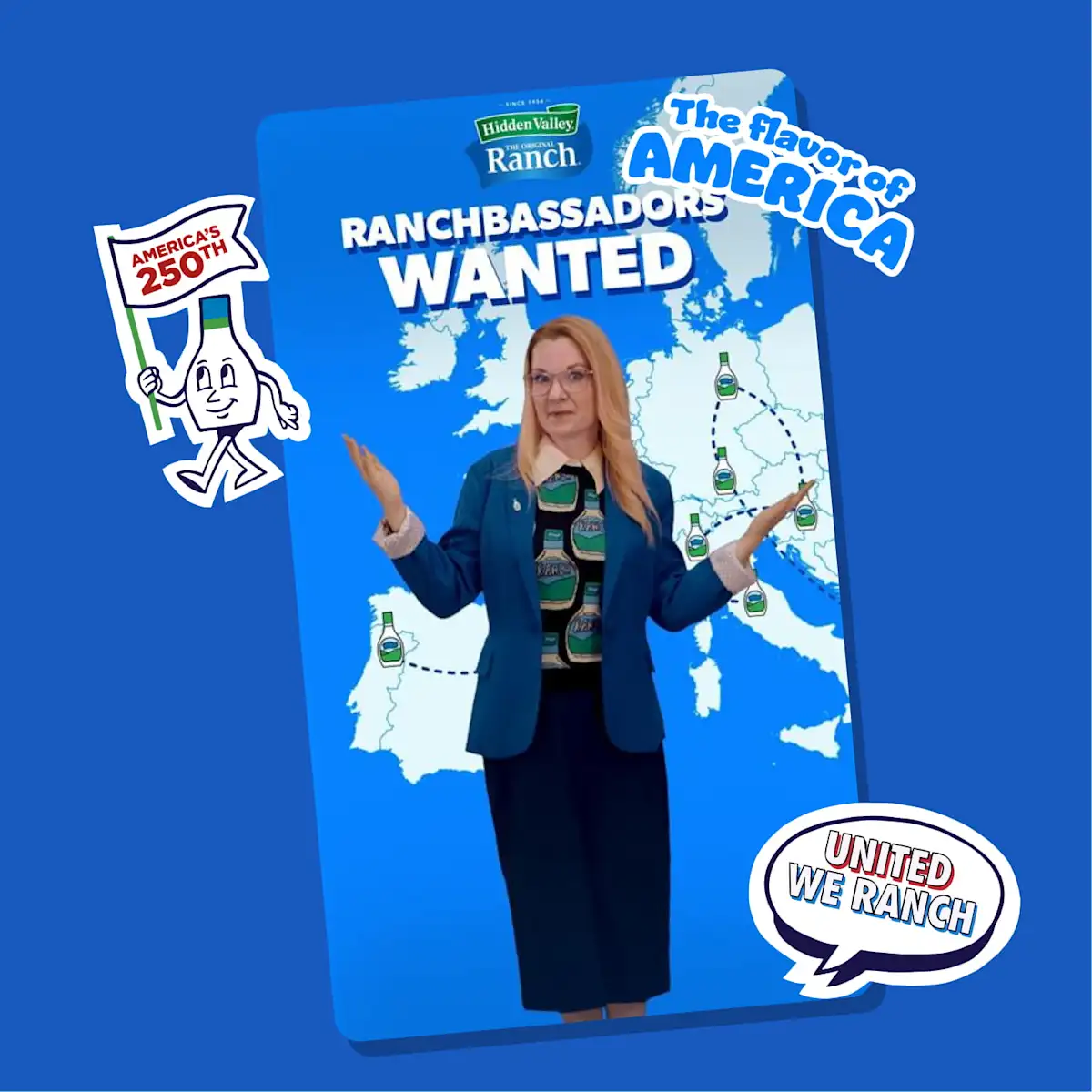 A woman standing in front of a map of Europe with the words "Ranchbassadors Wanted" and a Hidden Valley Ranch logo
