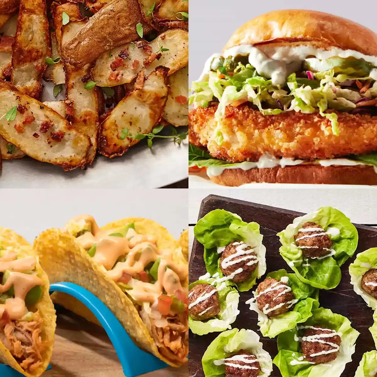 A collage of recipes including Hot Chicken Sandwich and Shredded Chicken Tacos