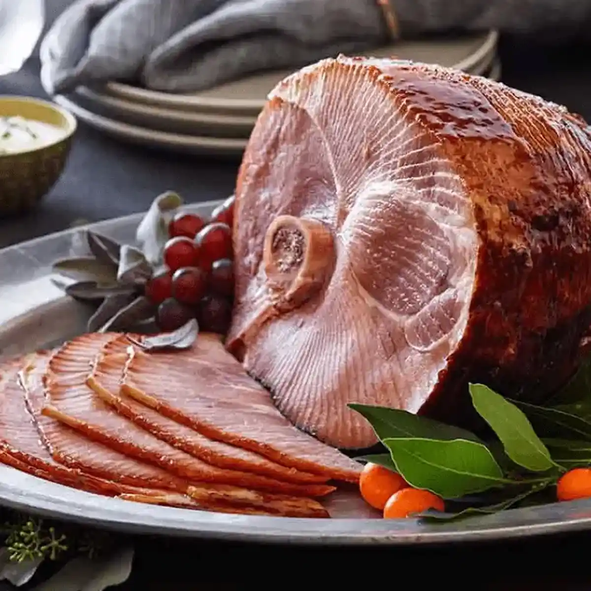 Sliced baked ham on a platter with holiday decorations