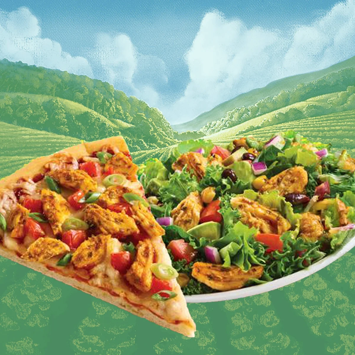 A slice of pizza and a plate of chicken and vegetables on a background of clouds and a valley