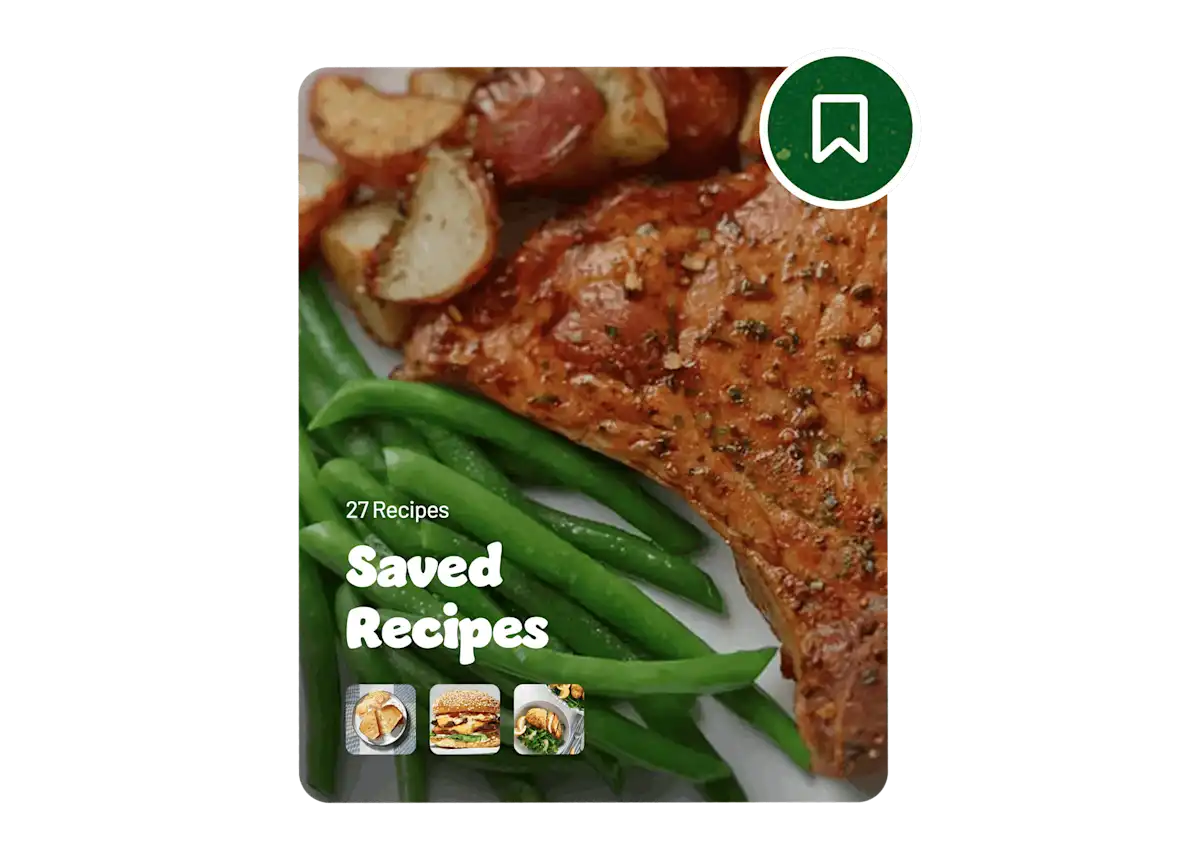 A pork chop and green beans with the words "Saved Recipes"