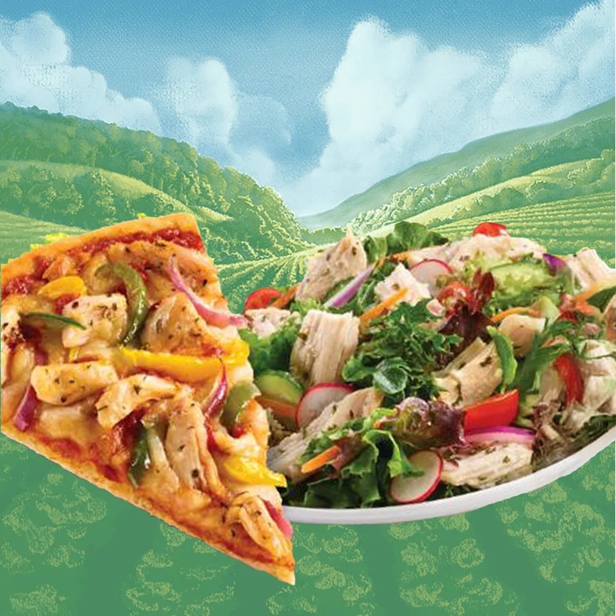 A slice of pizza and a plate of chicken and vegetables on a background of clouds and a valley