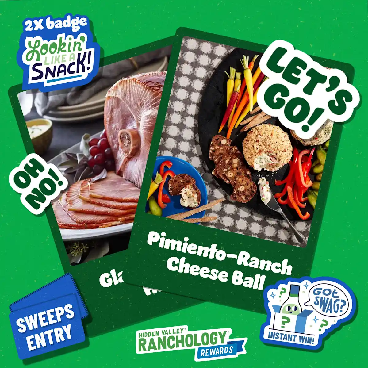 Hidden Valley game with cards featuring recipes and badges with the words "Let's Go!," "Oh no!," and "2X badge Looking' Snack" 