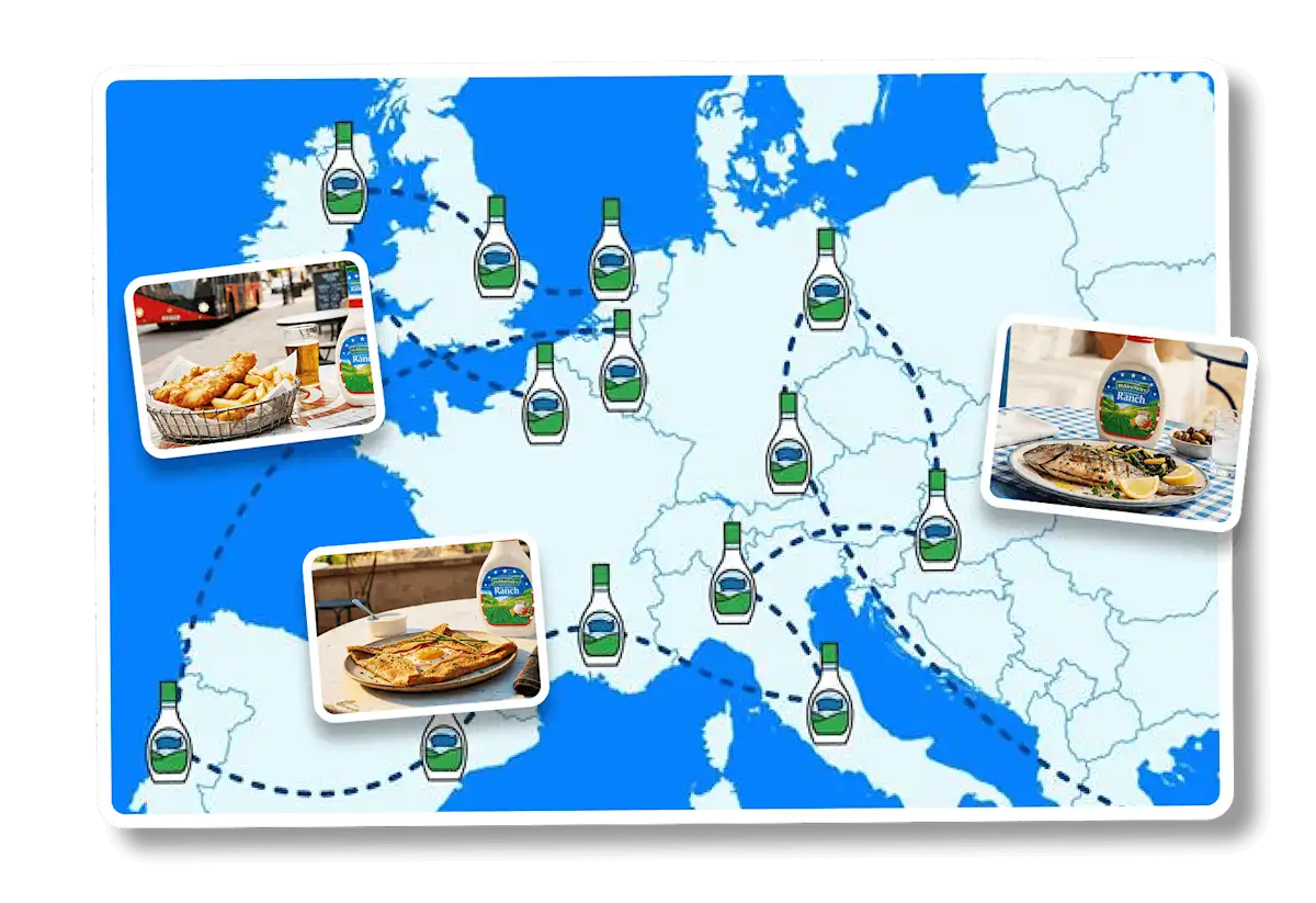 A map of Europe with Ranch bottles showing all the stops the Ranchbassadors will take during their weeks on tour