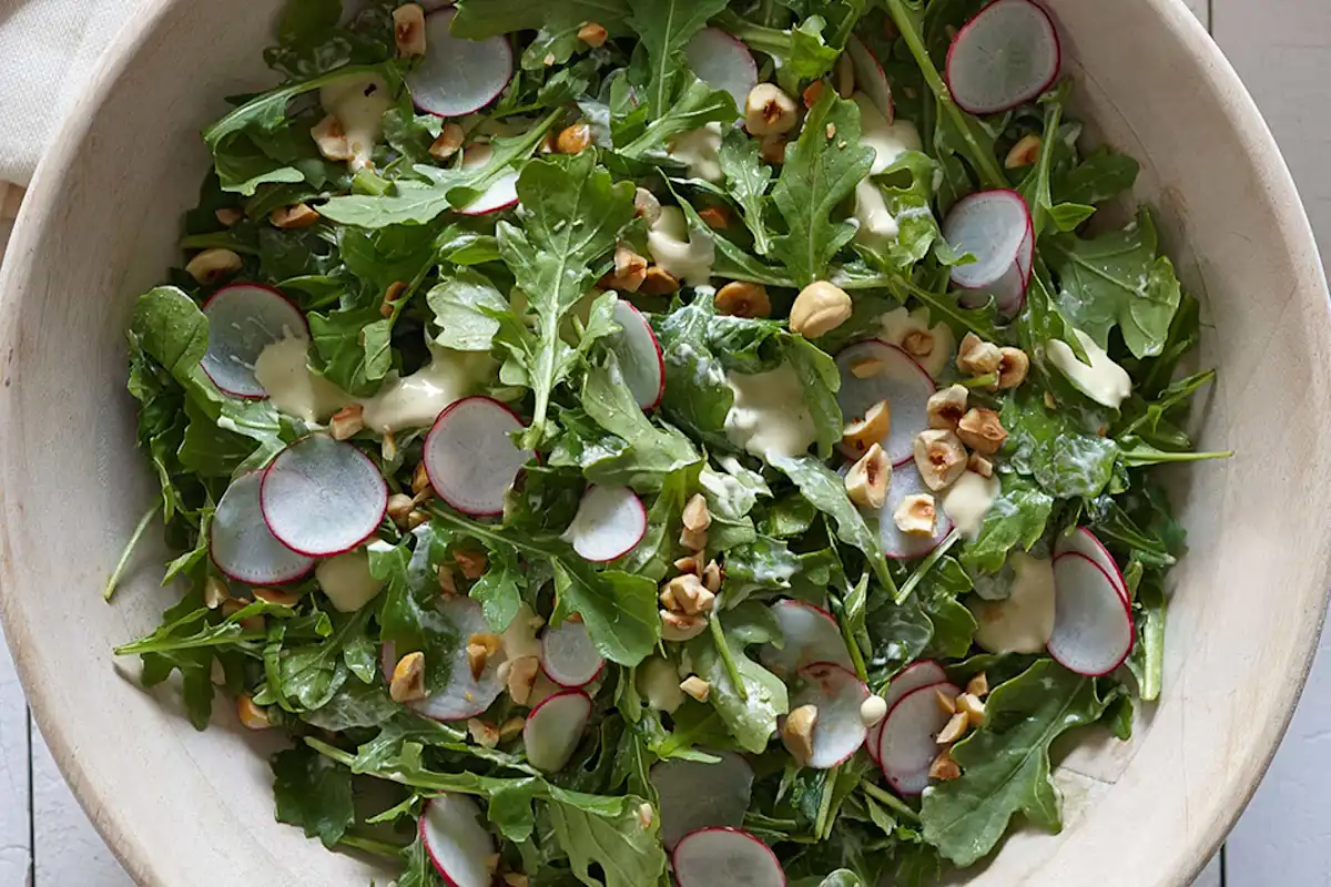 Baby Arugula Salad With Ranch, Radishes & Hazelnuts
