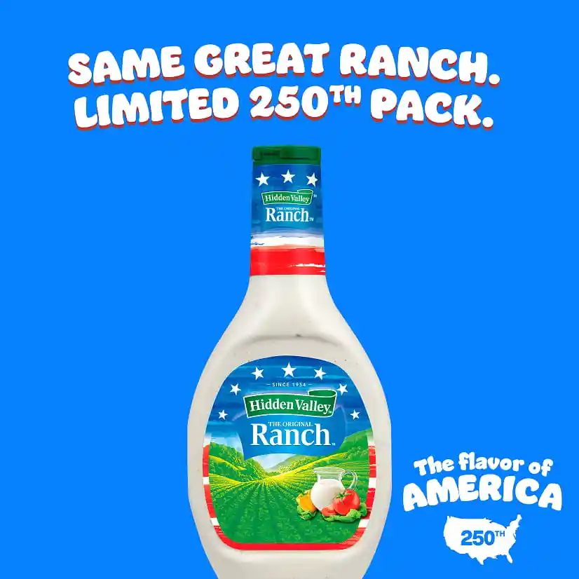 Same Great Ranch. Limited 250th Pack. A 16 oz bottle of Original Ranch with an American flag design label