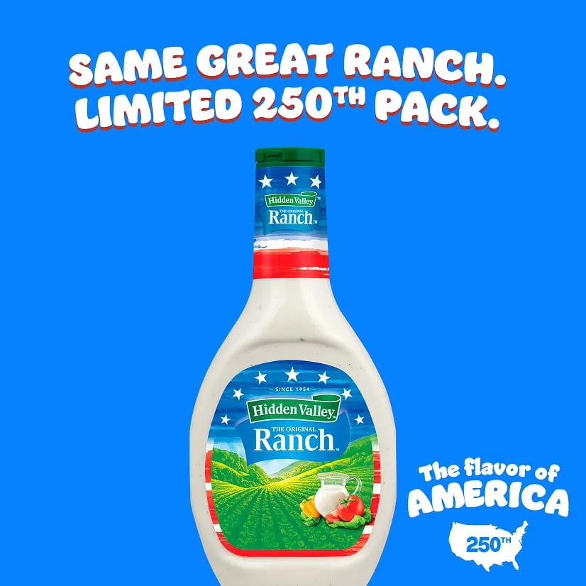 Same Great Ranch. Limited 250th Pack. A 16 oz bottle of Original Ranch with an American flag design label