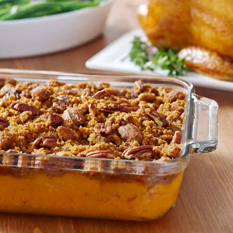 Sweet Potato Casserole with Crunchy Pecan Topping