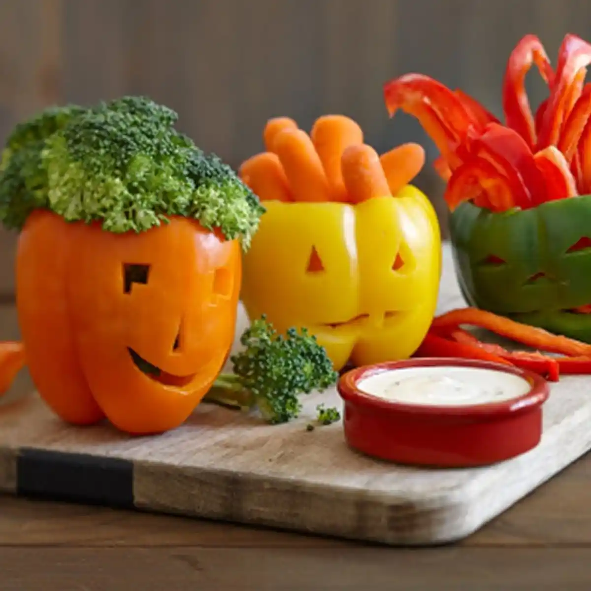 Various colored bell peppers cut to look like jack-o-lanterns on a wood cutting board with ranch dip