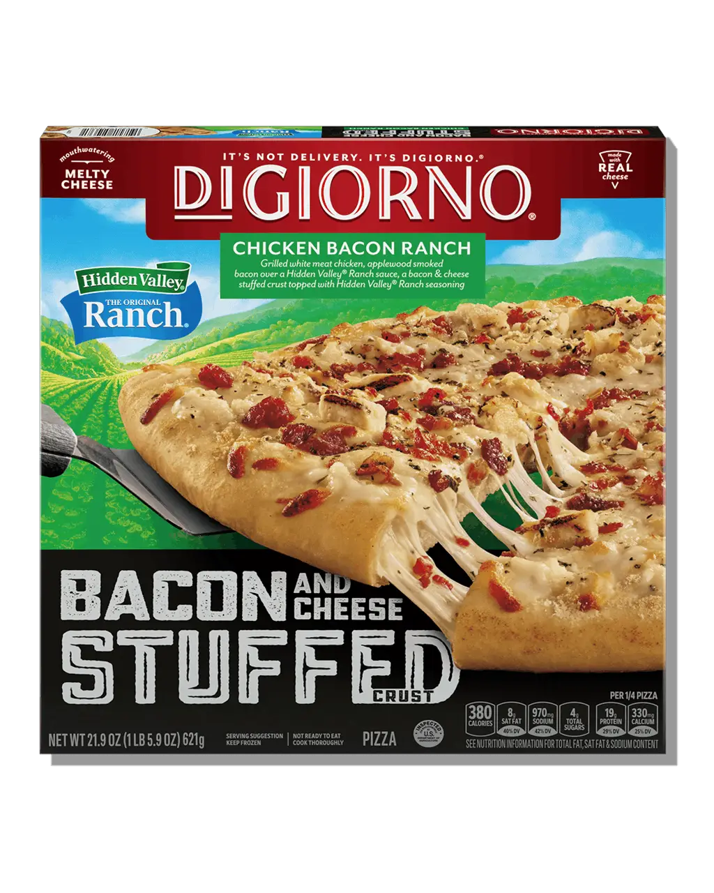 DiGiorno Chicken Bacon Ranch Bacon and Cheese Stuffed Crust frozen pizza with Hidden Valley Ranch.