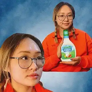 Two views of a person in an orange shirt holding a Hidden Valley Ranch bottle