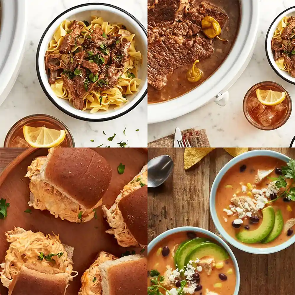 A collage of recipes that can be made in a slow cooker
