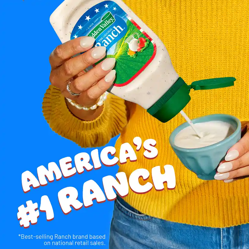 America's #1 Ranch: a person squirting Hidden Valley Ranch into a ramekin