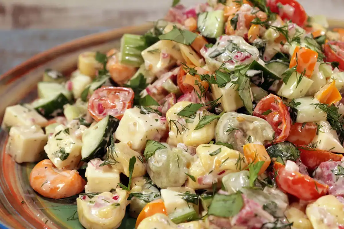 Ranch Summer Pasta Salad on a red and green plate