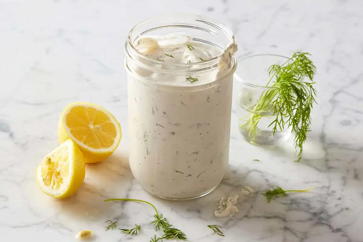 Jar of homemade salad dressing on a marble counter with lemon slices and herbs